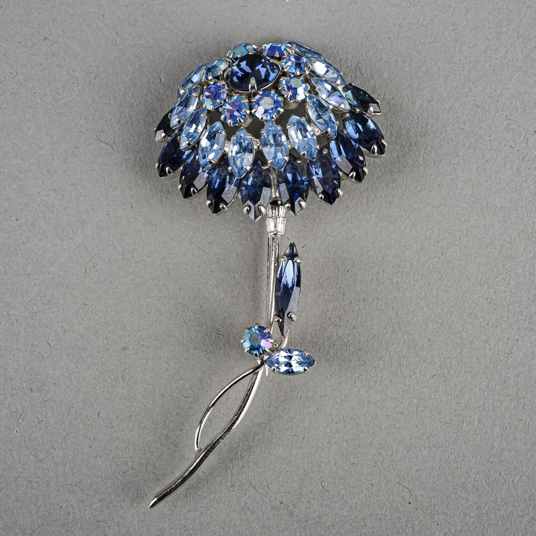 SHERMAN Silver-Tone Blue Rhinestone Flower Brooch