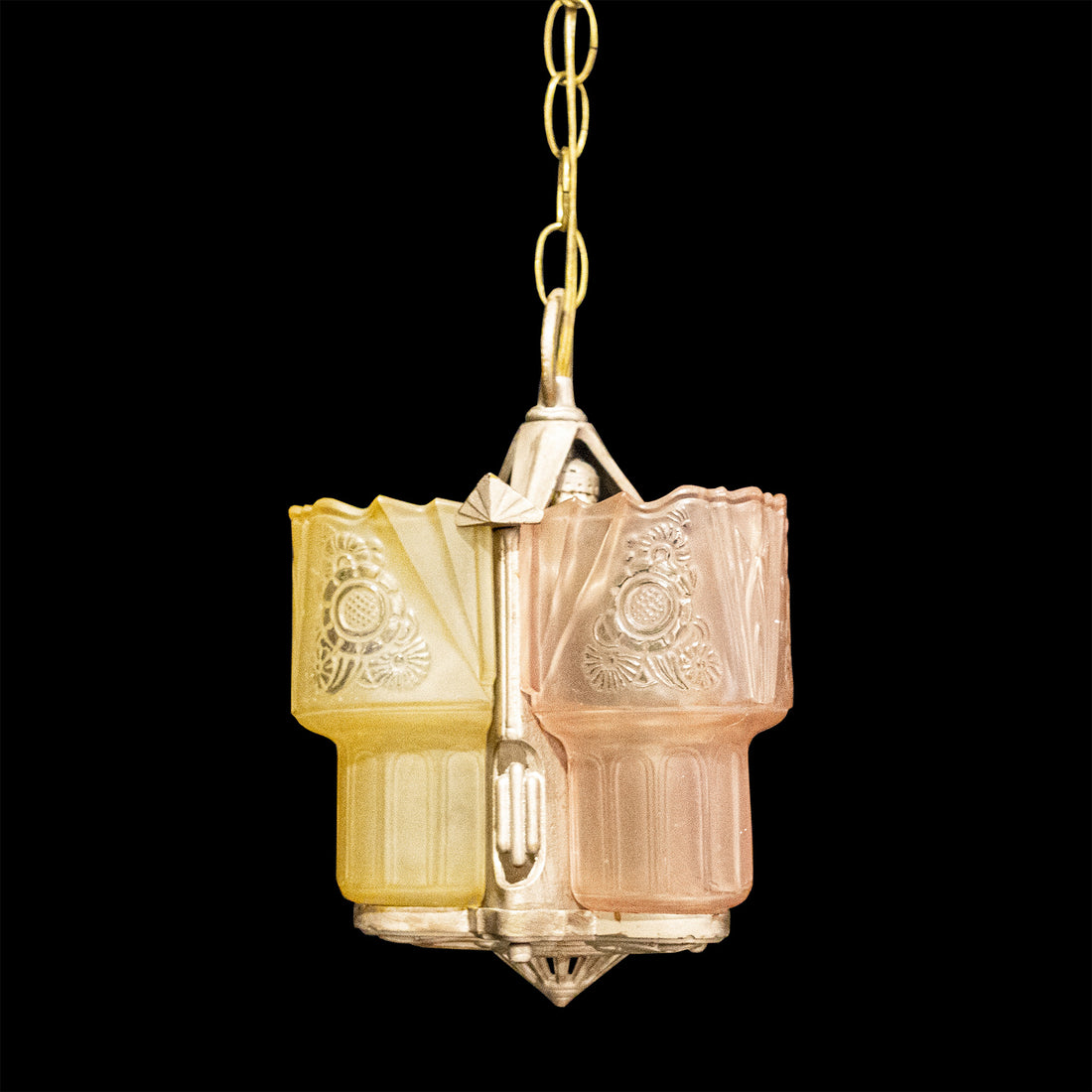 Art Deco One-Light Slipshade Pendant - 2 Yellow And 1 pink shade