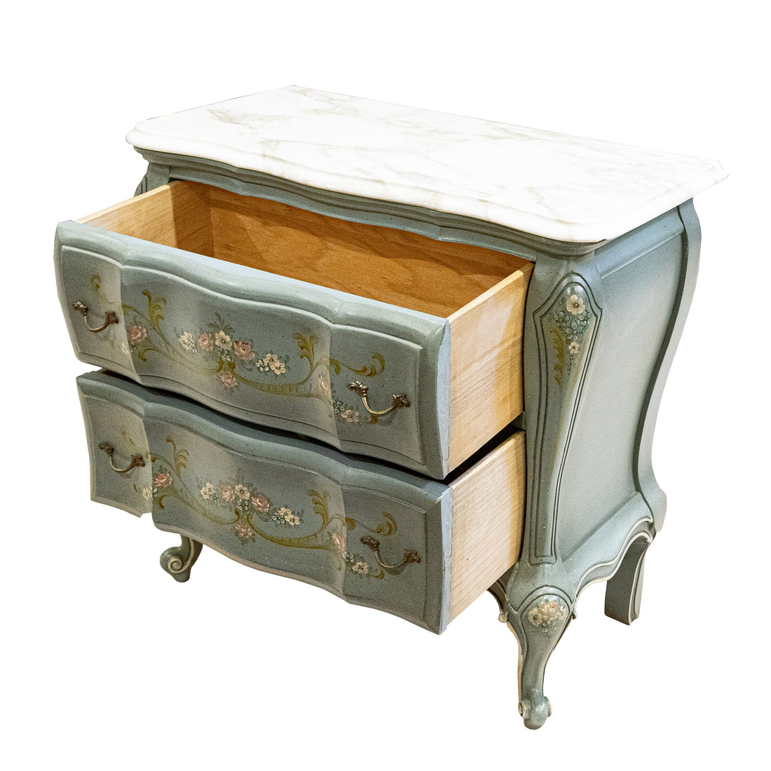 Painted Bombe Chest With Stone Top - Painted Green With Floral Decoration