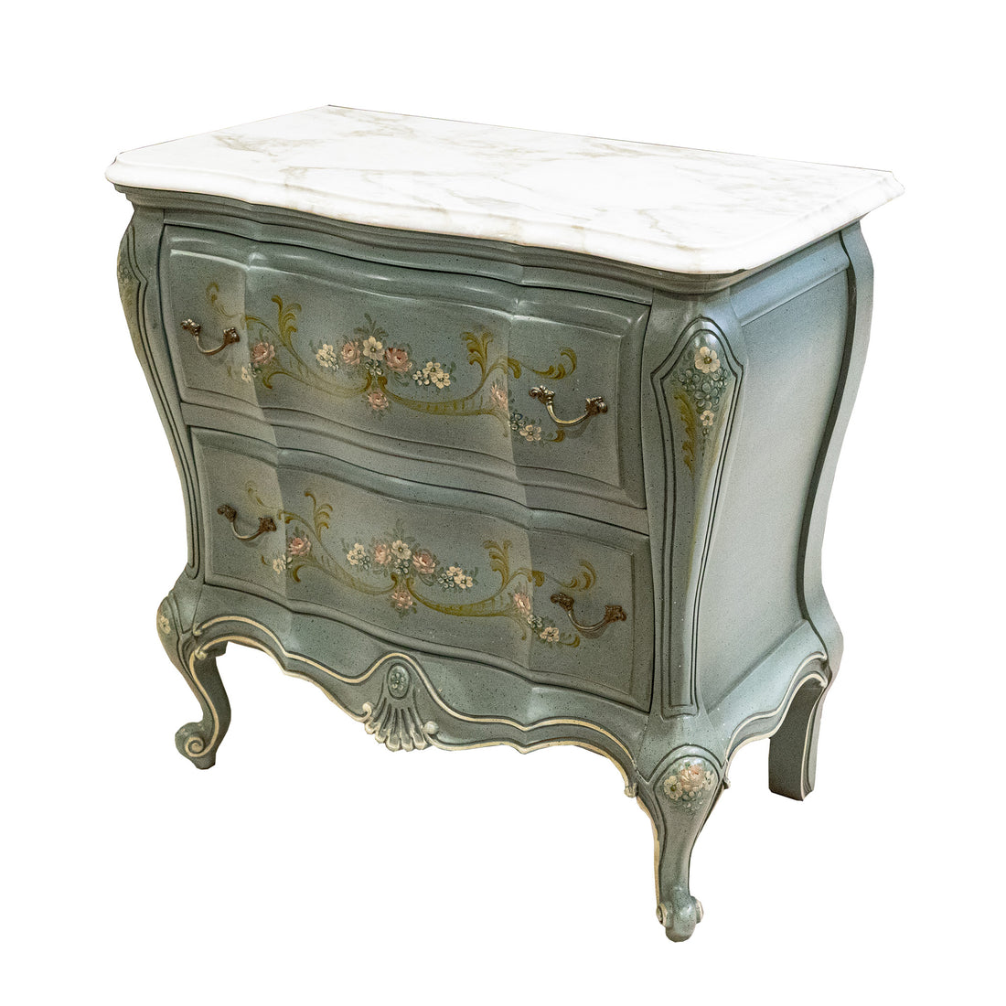 Painted Bombe Chest With Stone Top - Painted Green With Floral Decoration