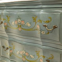 Painted Bombe Chest With Stone Top - Painted Green With Floral Decoration