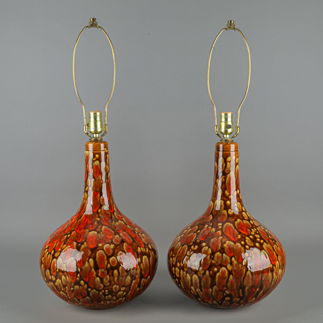 Vintage Orange And  Brown Drip Glaze Ceramic Gourd Lamps Set of 2