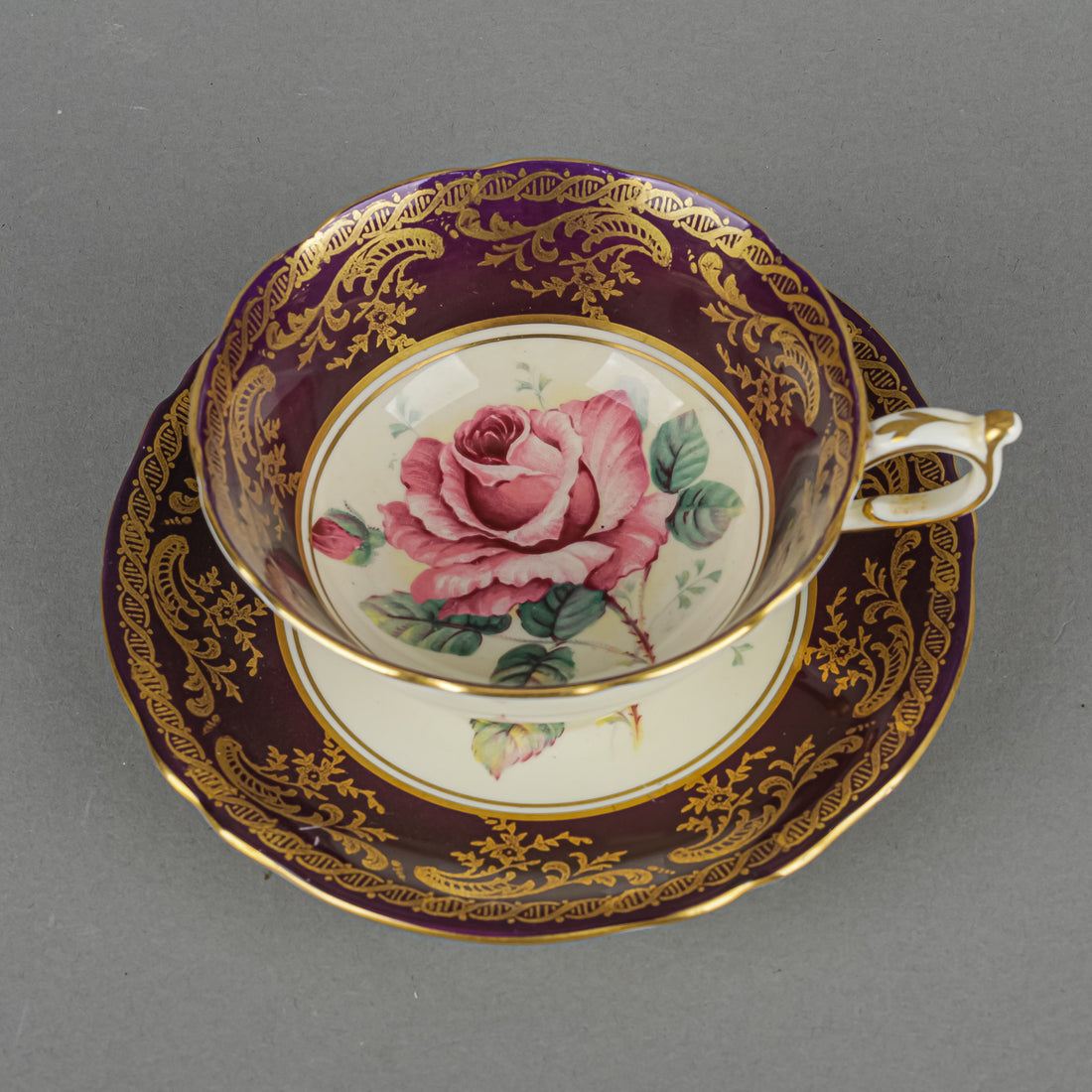 PARAGON Cup & Saucer G6903/6 Hand Painted Cabbage Rose, Maroon Band