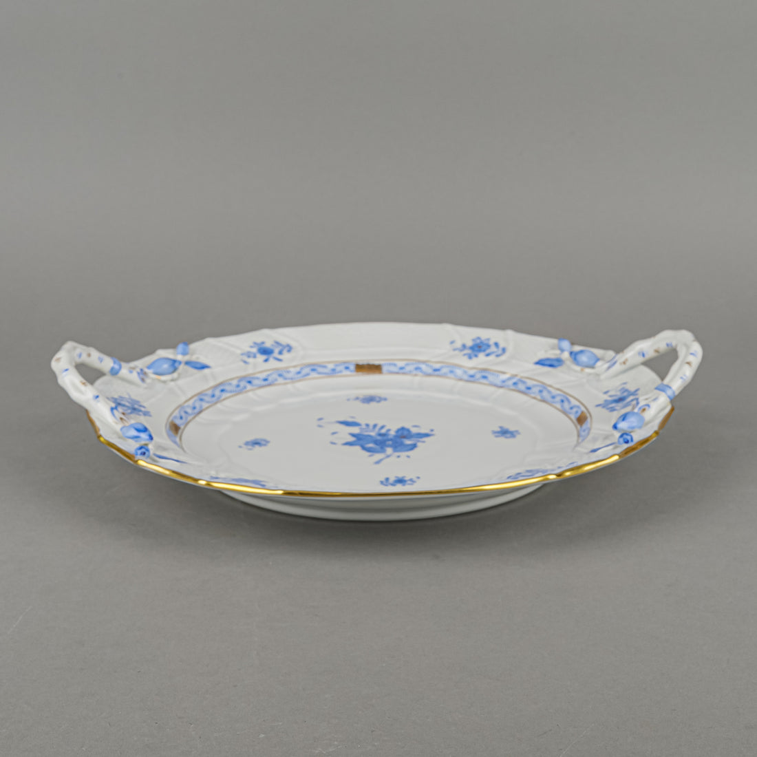 HEREND Chinese Bouquet Blue Round Cake Plate 1172