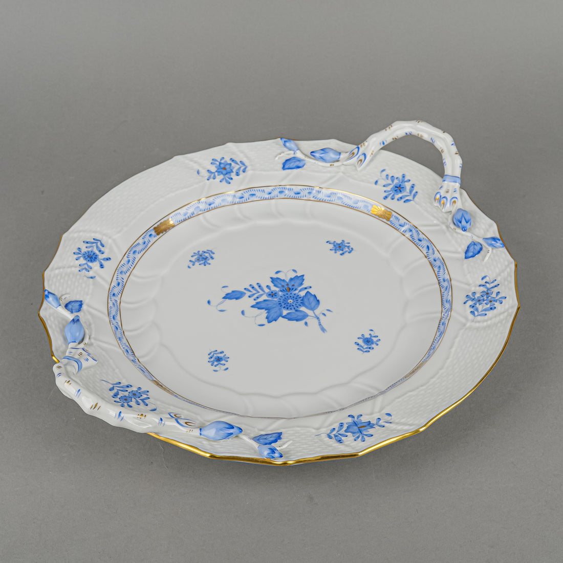 HEREND Chinese Bouquet Blue Round Cake Plate 1172