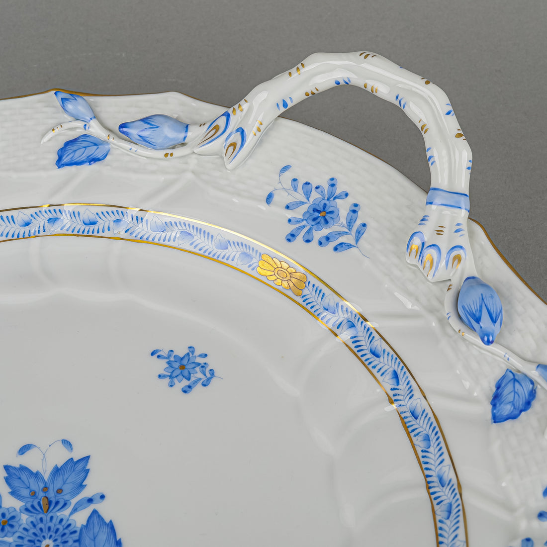 HEREND Chinese Bouquet Blue Round Cake Plate 1172