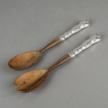 BIRKS Pompadour Sterling Handle Wooden Salad Server Set 2pcs