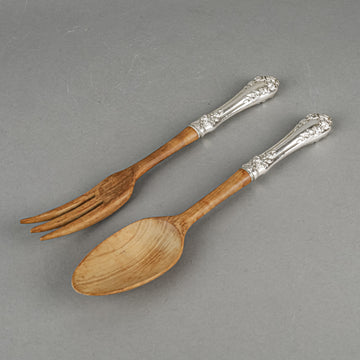 WALLACE Rose1888 Sterling Handle Wooden Salad Server Set 2 Pieces