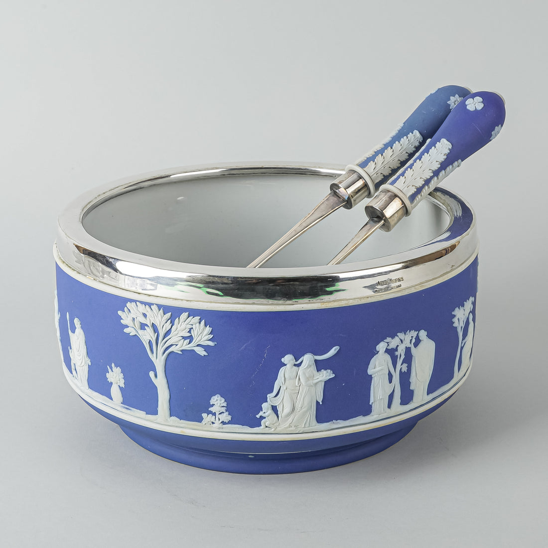 WEDGWOOD White on Blue Jasperware Silverplate Mount Salad Bowl And Servers 3 Pieces