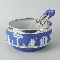 WEDGWOOD White on Blue Jasperware Silverplate Mount Salad Bowl And Servers 3 Pieces