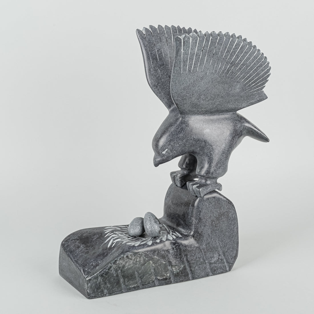Inuit Carved Stone Sculpture - Bird Standing Over Nest