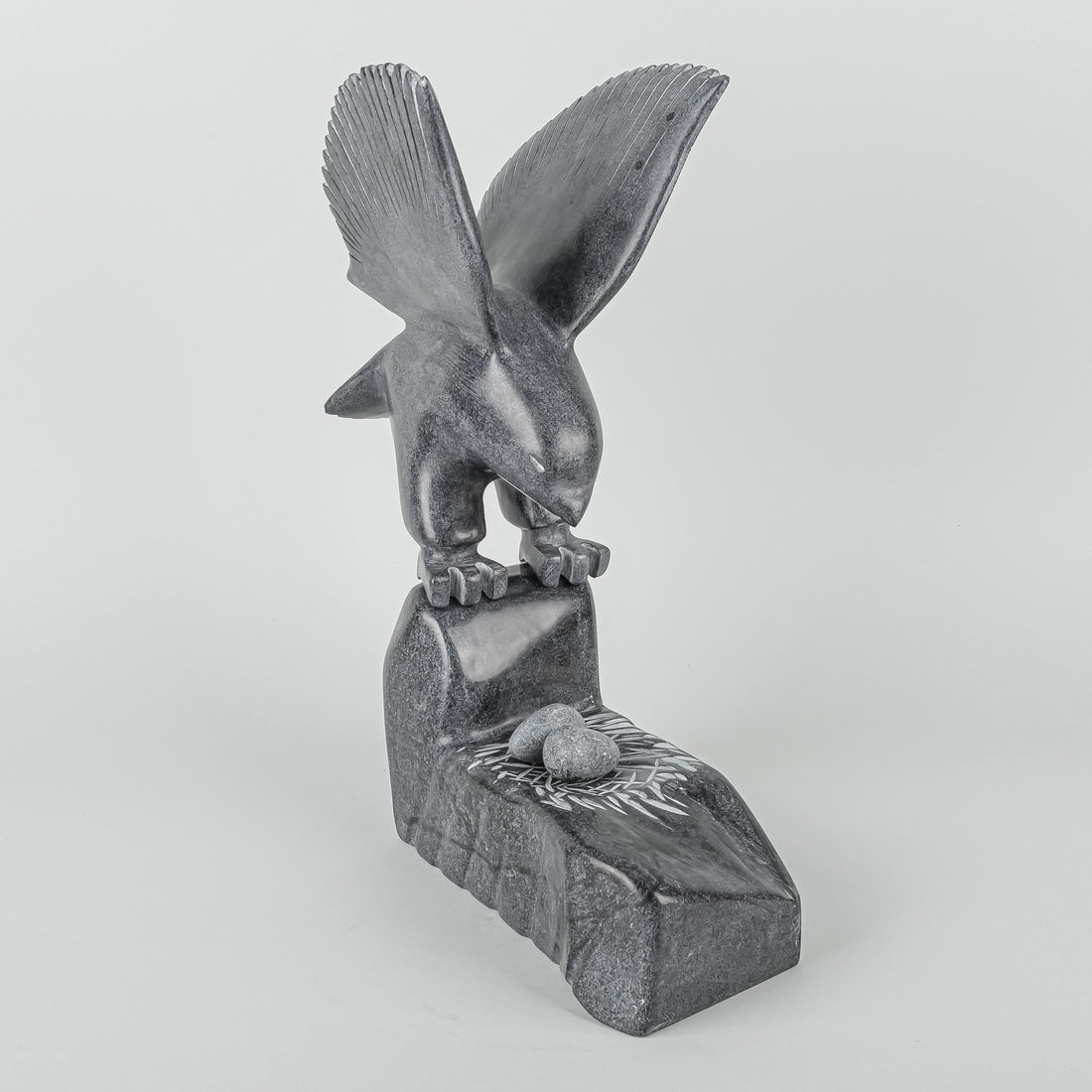 Inuit Carved Stone Sculpture - Bird Standing Over Nest