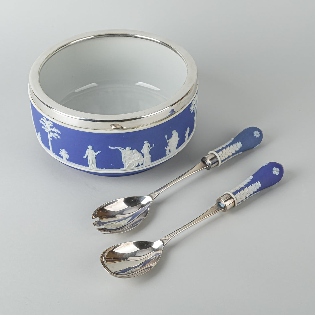 WEDGWOOD White on Blue Jasperware Silverplate Mount Salad Bowl And Servers 3 Pieces
