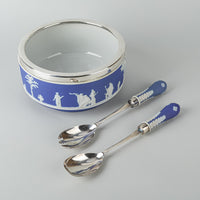 WEDGWOOD White on Blue Jasperware Silverplate Mount Salad Bowl And Servers 3 Pieces