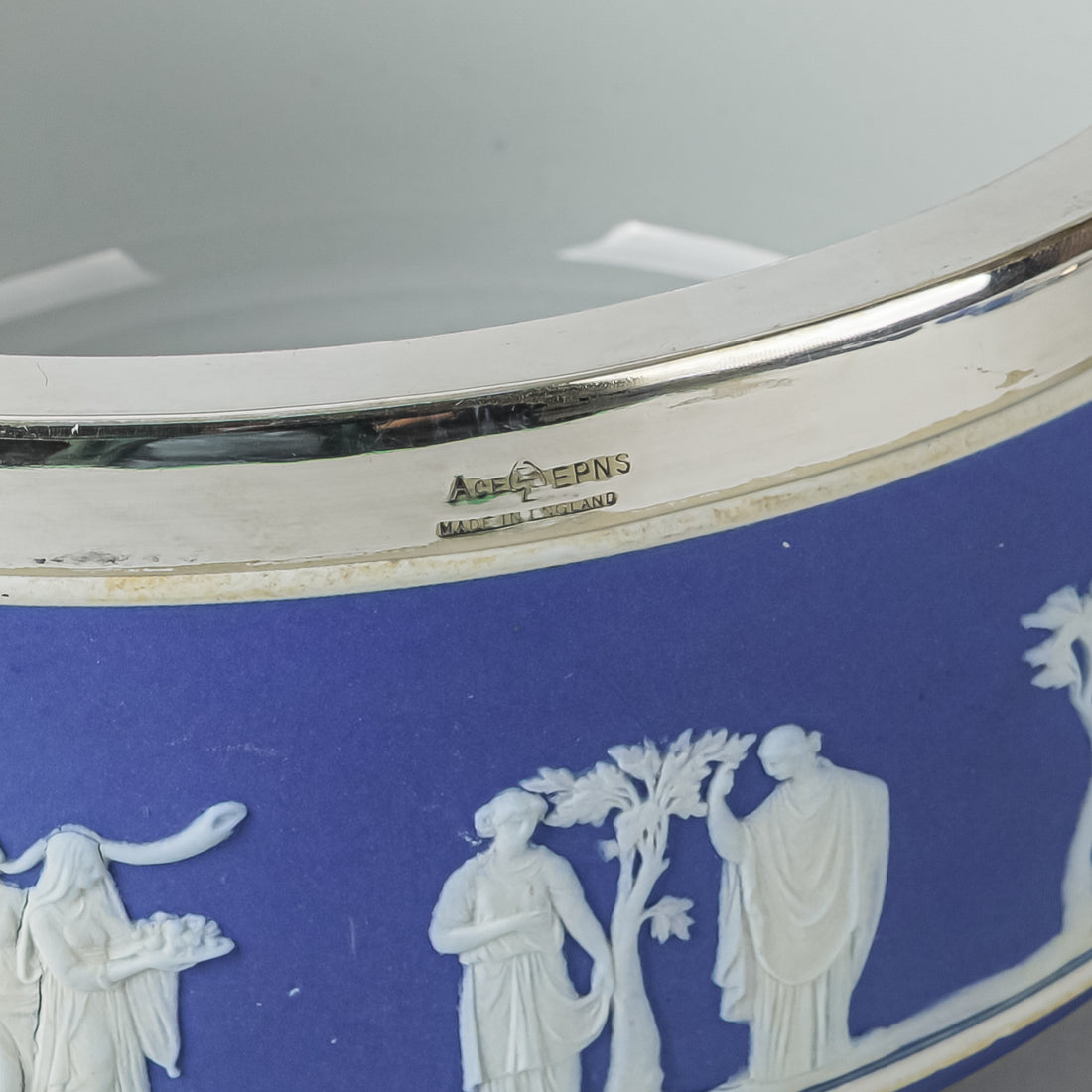 WEDGWOOD White on Blue Jasperware Silverplate Mount Salad Bowl And Servers 3 Pieces