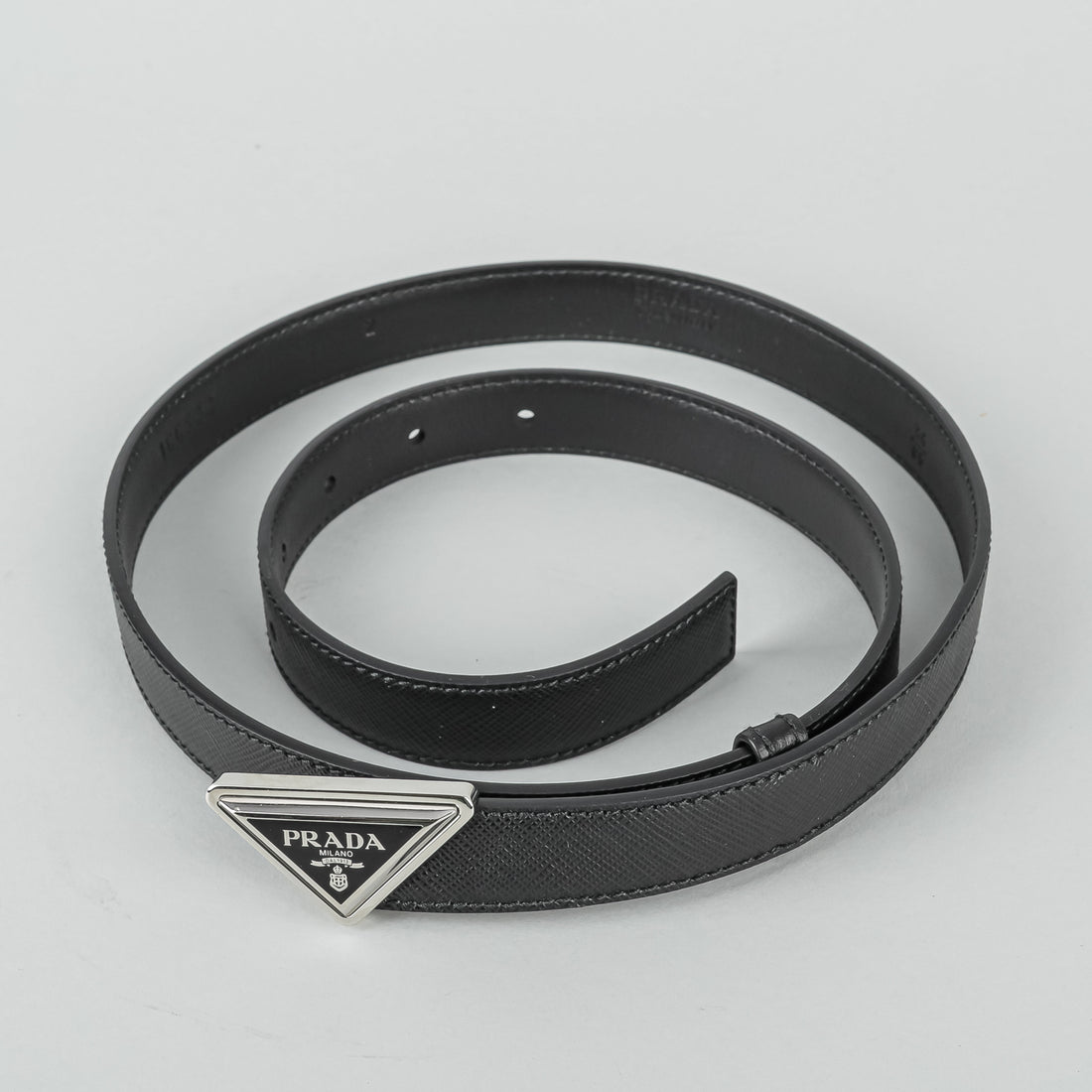 PRADA  Silver Tone Black Saffiano Leather Belt