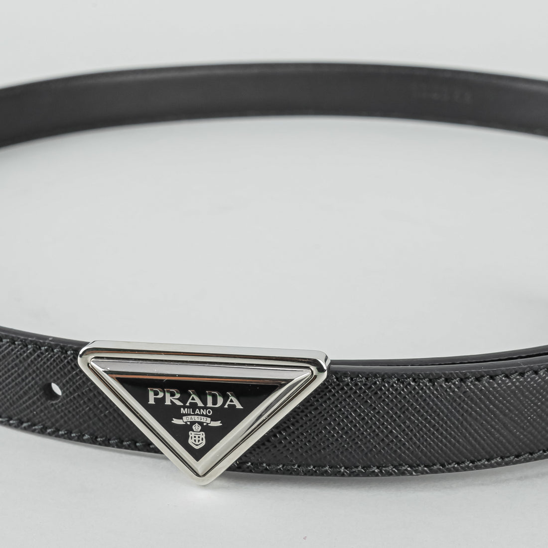 PRADA  Silver Tone Black Saffiano Leather Belt