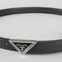 PRADA  Silver Tone Black Saffiano Leather Belt