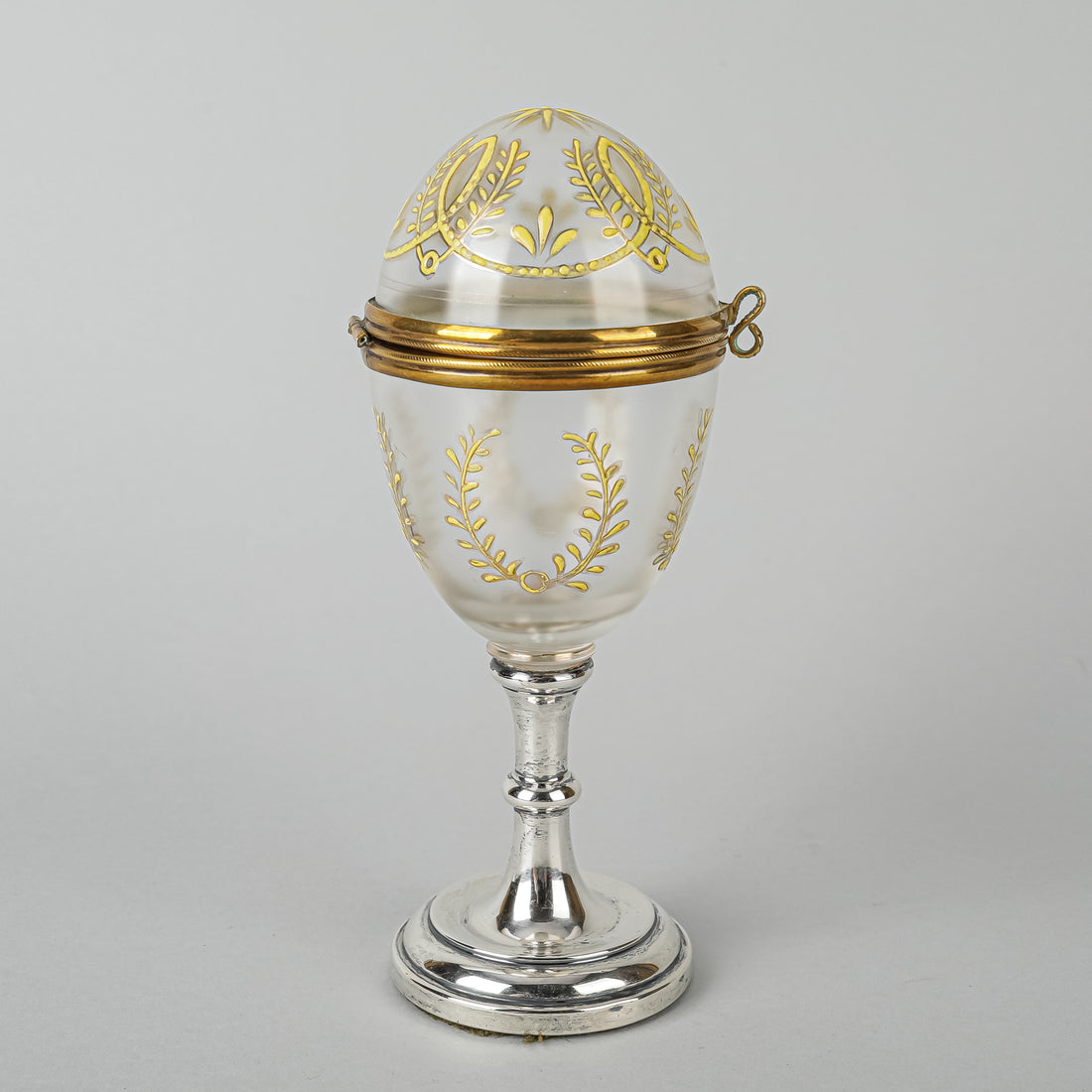 KENART Hand Painted Enamel Glass Egg On Sterling Stand