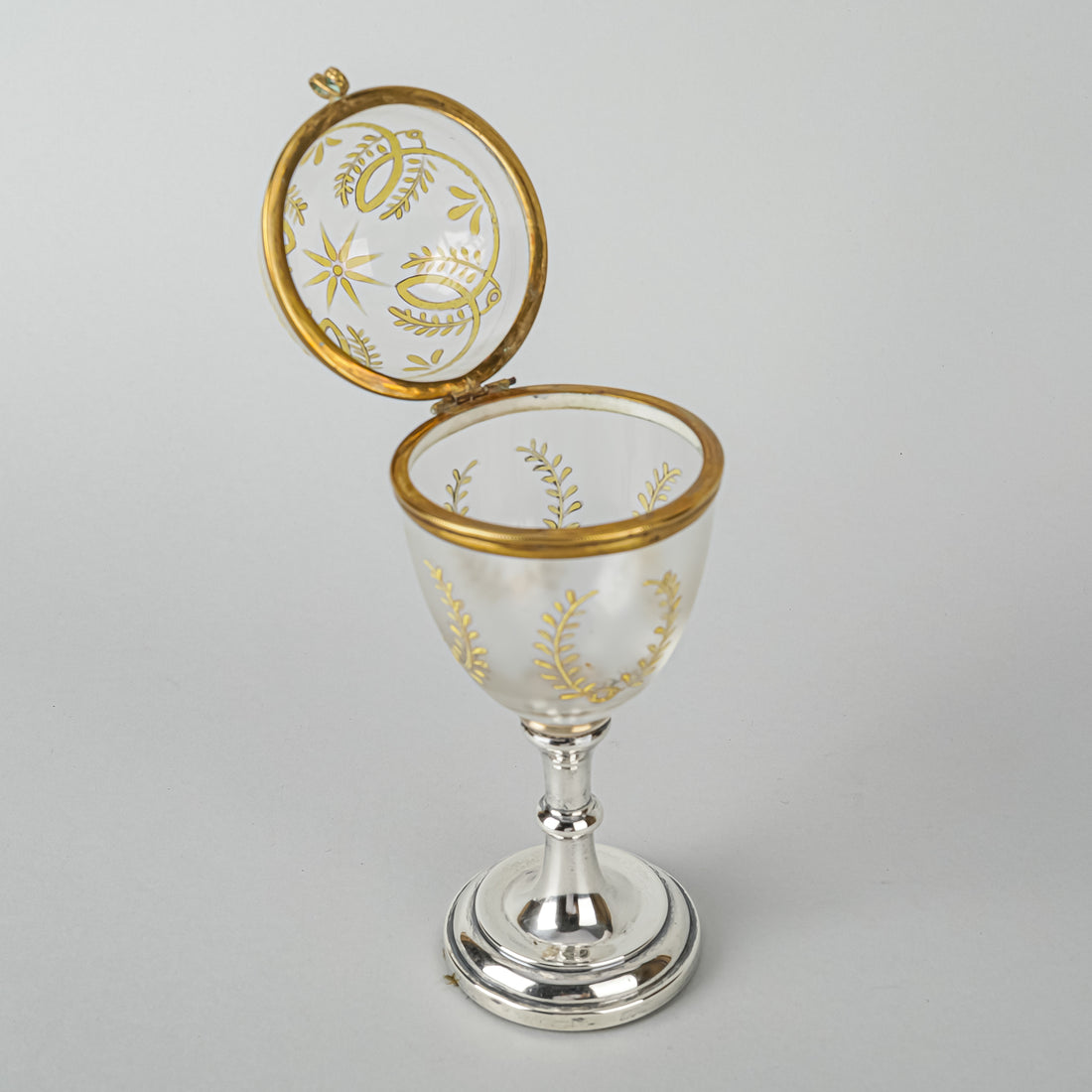 KENART Hand Painted Enamel Glass Egg On Sterling Stand