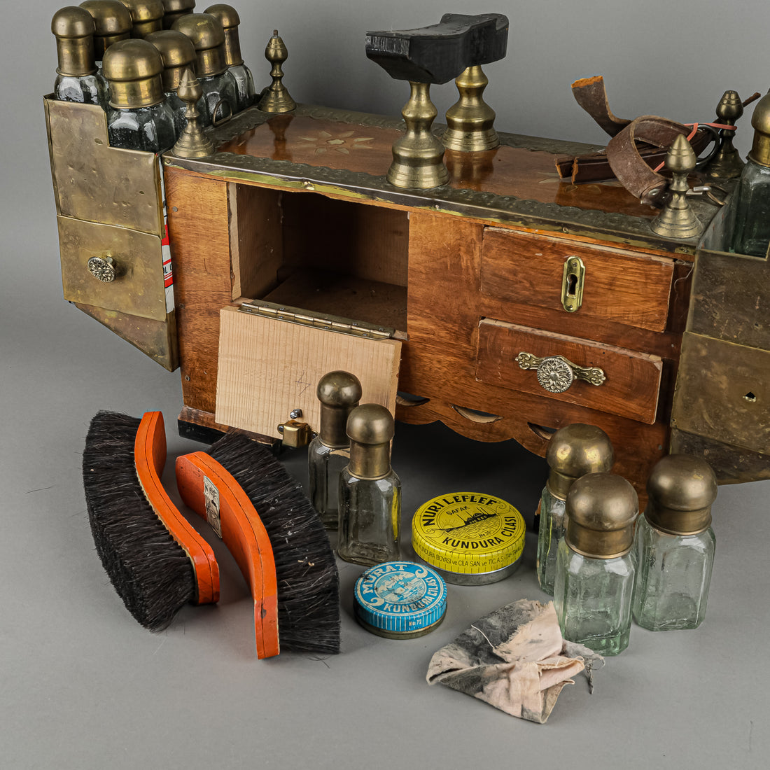 Vintage Turkish Walnut And Brass Shoe Shine Kit With Bottles