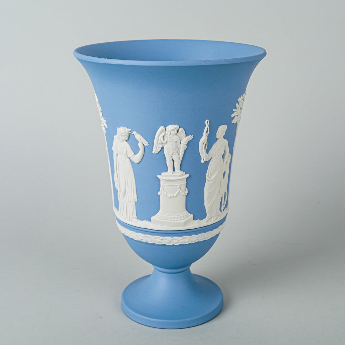 WEDGWOOD White On Blue Jasperware Footed Campagna Vase