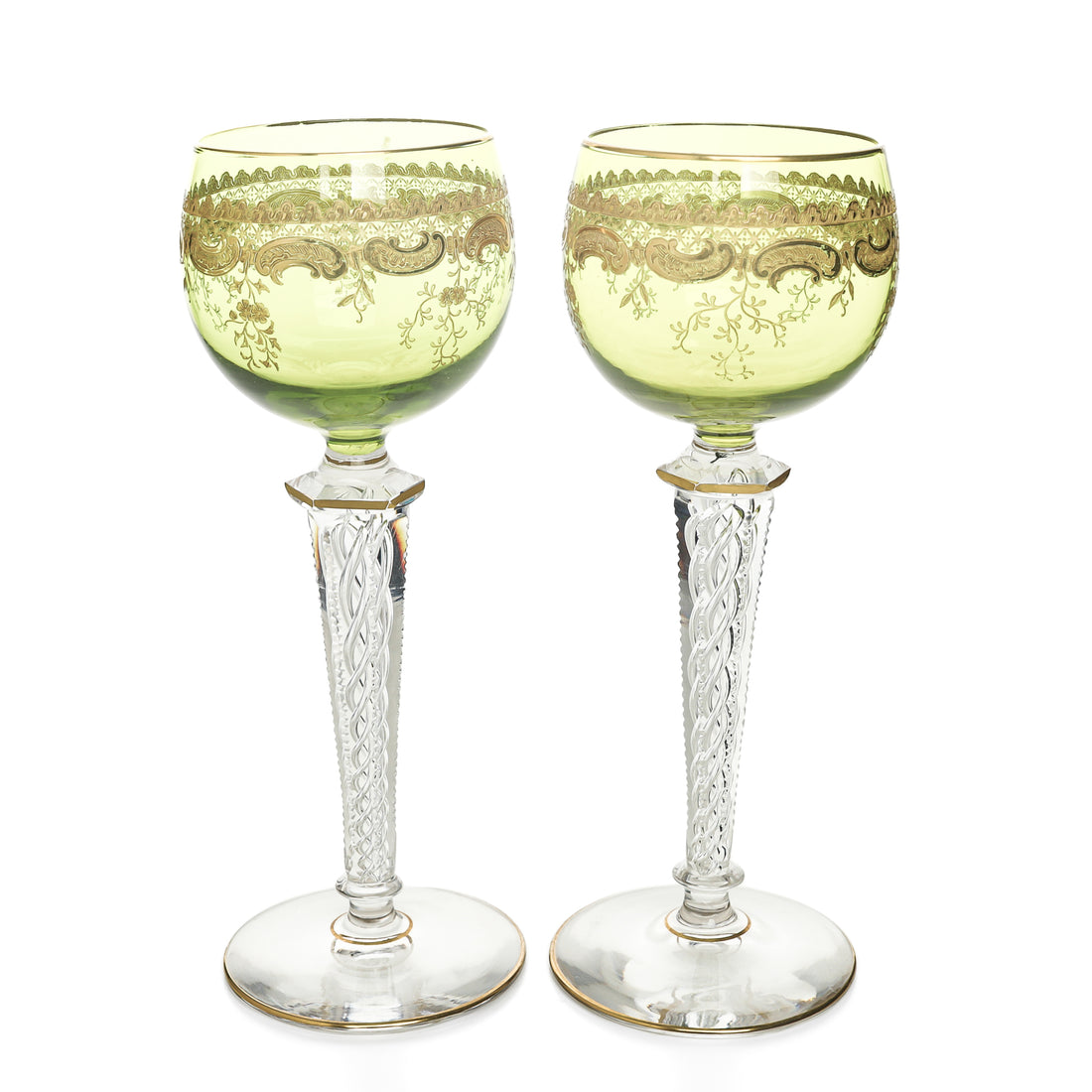 St Louis Style Air Twist Stem Hock Wine Glasses Green Set Of 2