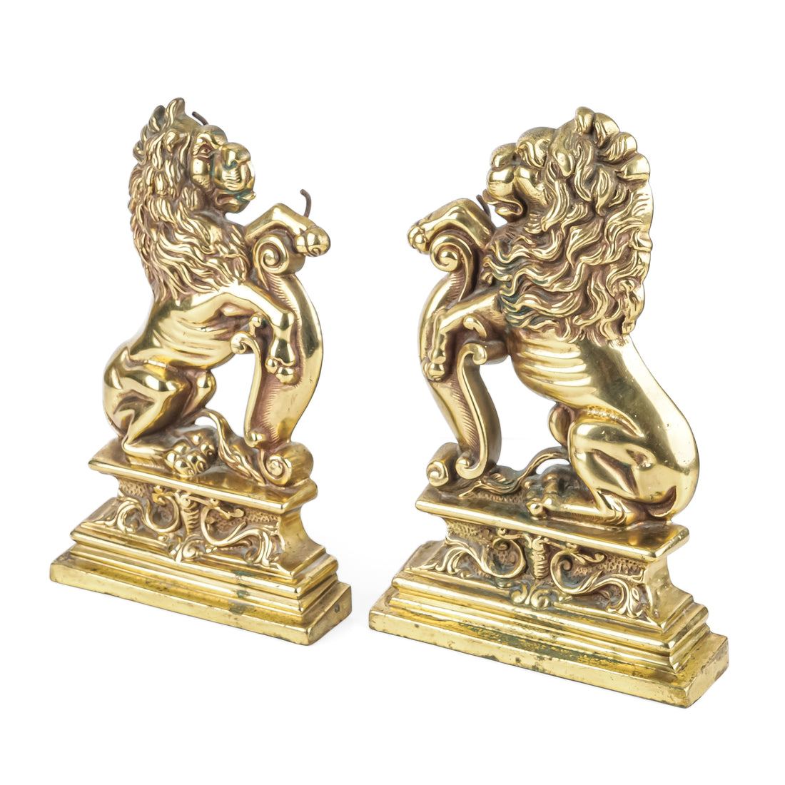 Vintage Brass Lion Rampant Andirons Set Of 2