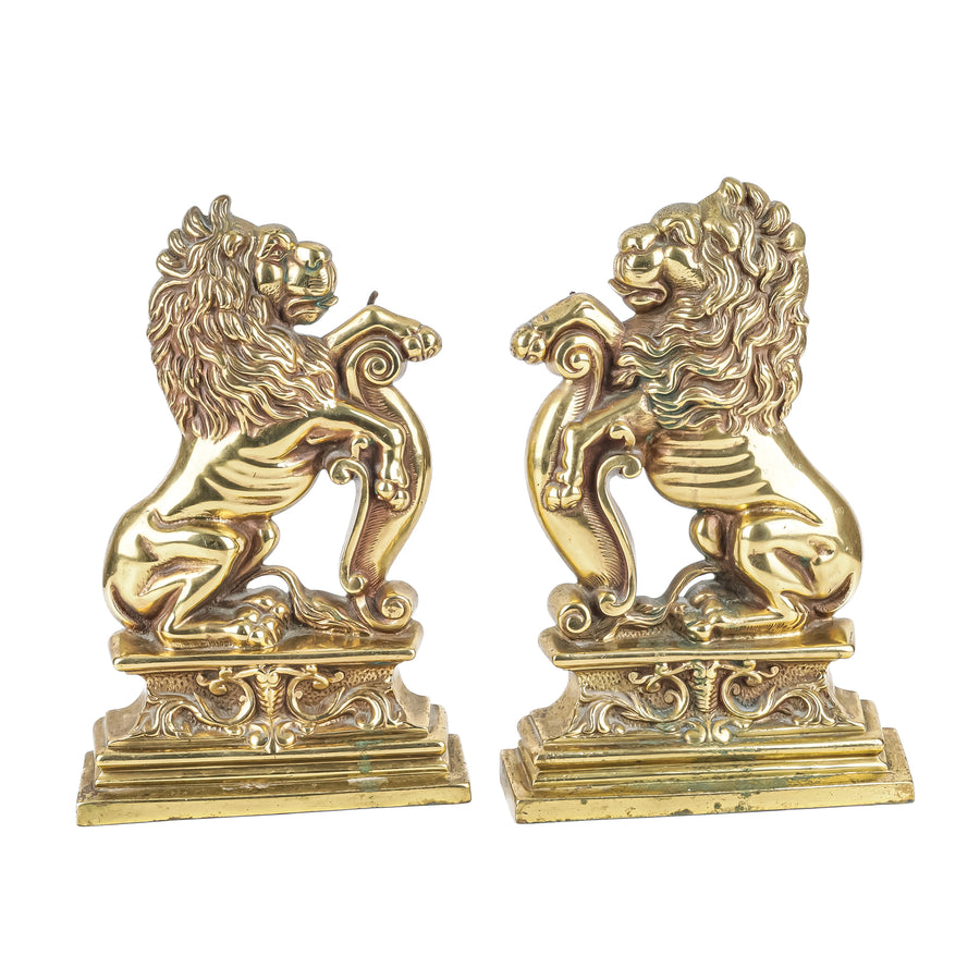 Vintage Brass Lion Rampant Andirons Set Of 2