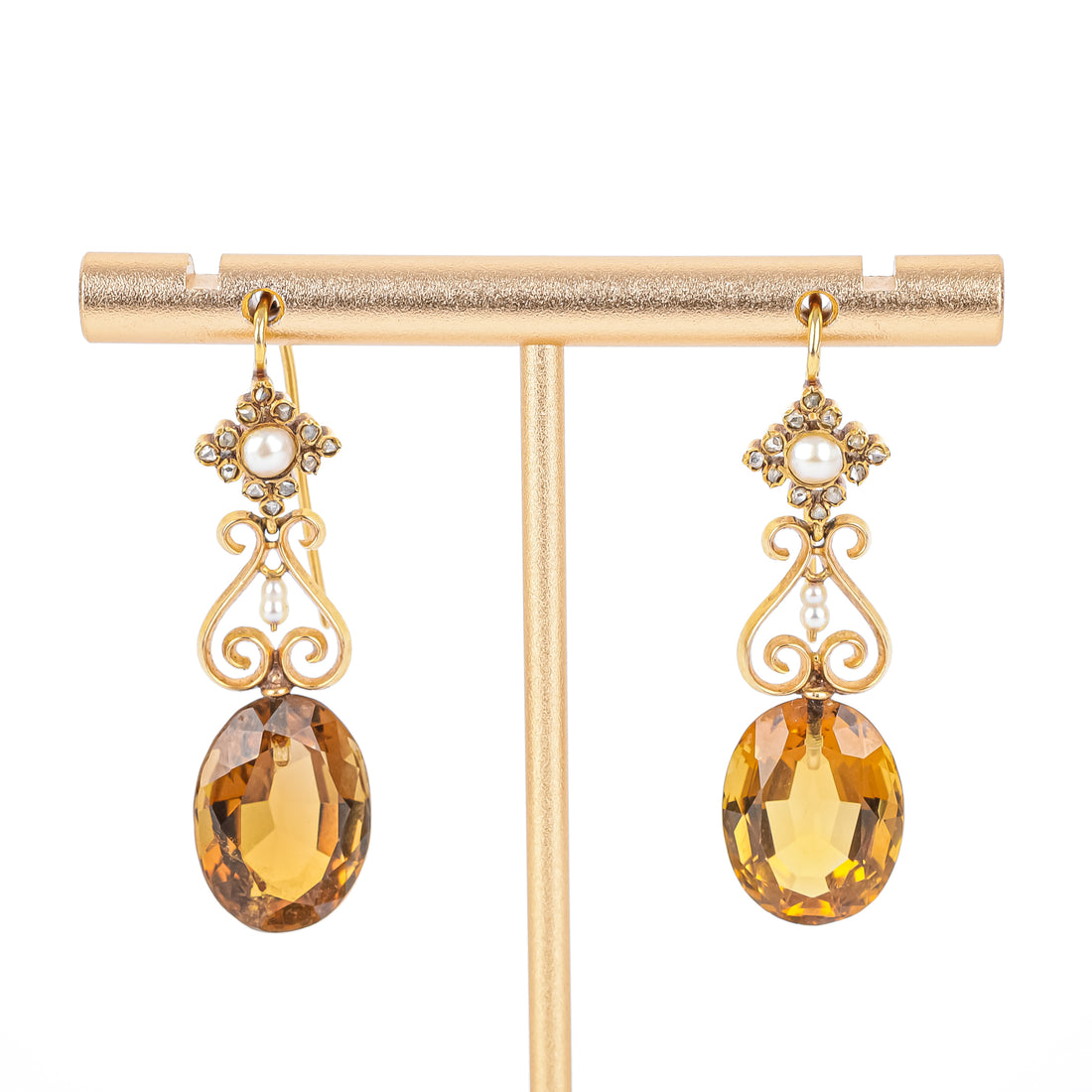18K Yellow Gold Oval Citrine Diamond Pearl Drop Earrings