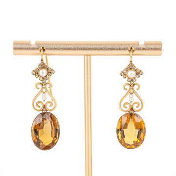 18K Yellow Gold Oval Citrine Diamond Pearl Drop Earrings