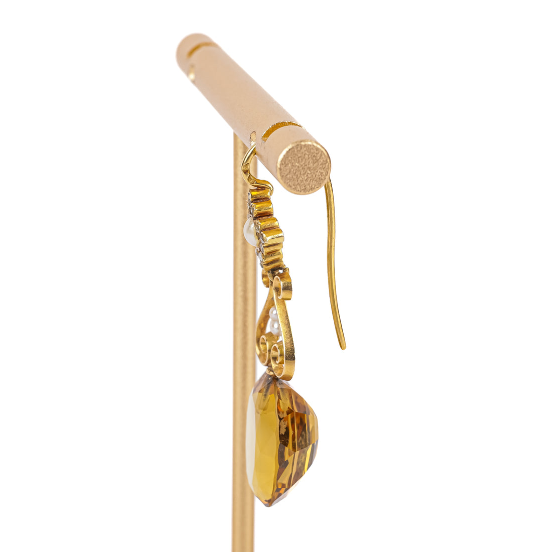18K Yellow Gold Oval Citrine Diamond Pearl Drop Earrings