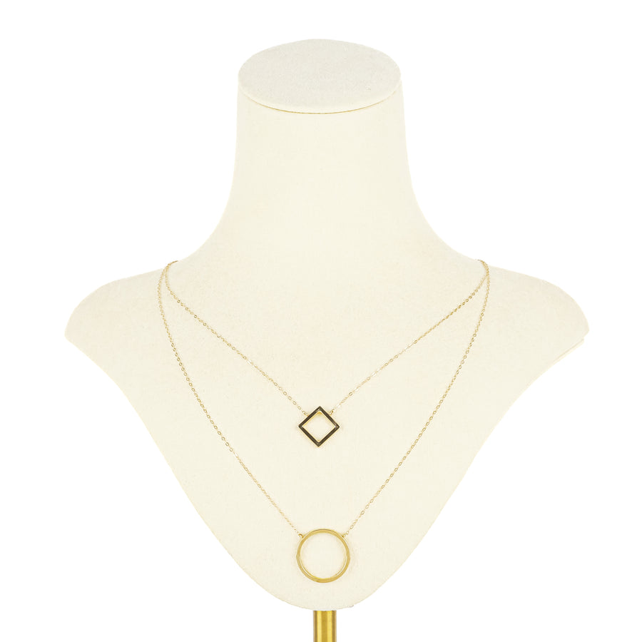 14K Yellow Gold Square Circle Two Strand Necklace