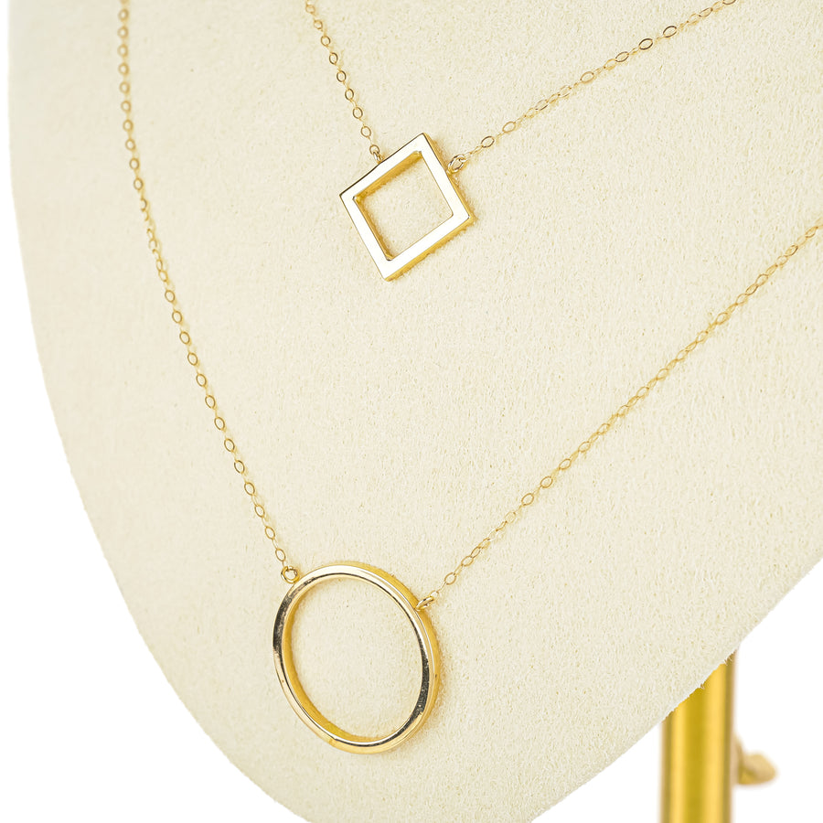 14K Yellow Gold Square Circle Two Strand Necklace