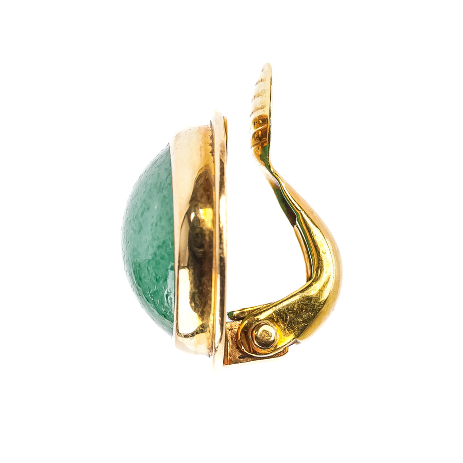 18K Yellow Gold And Green Quartz Cabochon Clip Earrings