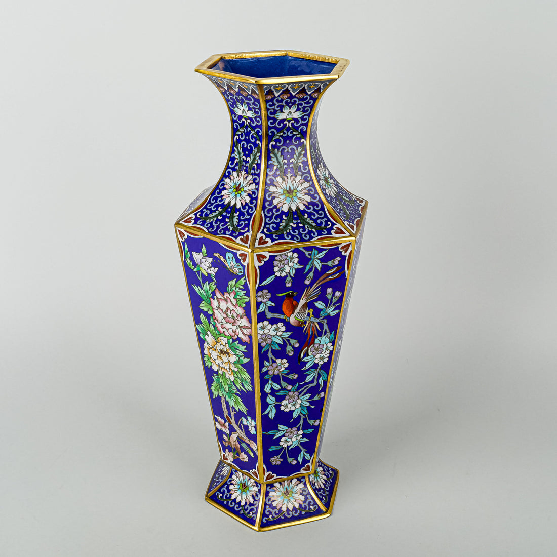 Cloisonne Hexagonal Vase Blue Ground