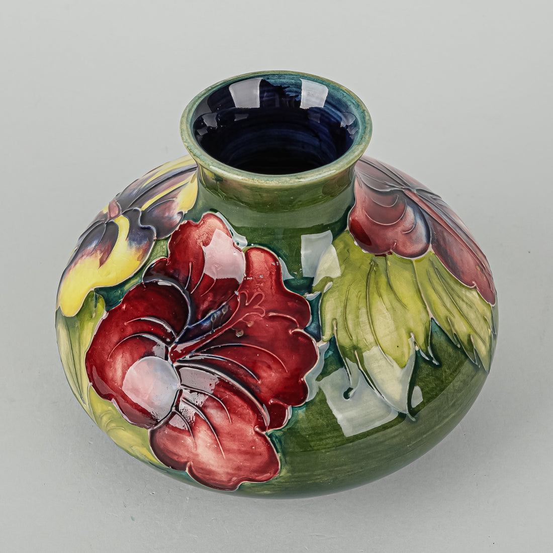 MOORCROFT Hibiscus Green/Blue Ground Squat Vase