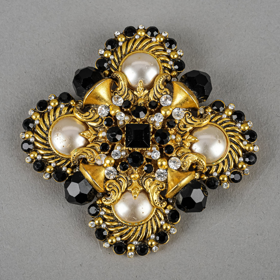 Barrera Brooch - Gold Plated Maltese Faux Pearl With Black Stones Brooch