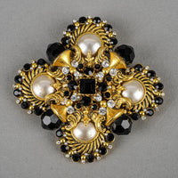 Barrera Brooch - Gold Plated Maltese Faux Pearl With Black Stones Brooch
