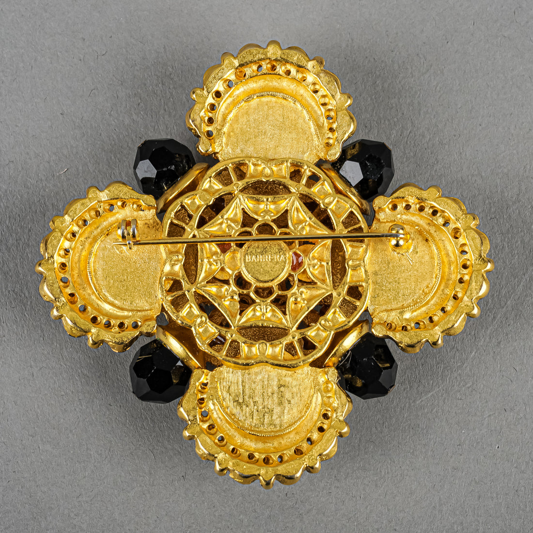 Barrera Brooch - Gold Plated Maltese Faux Pearl With Black Stones Brooch