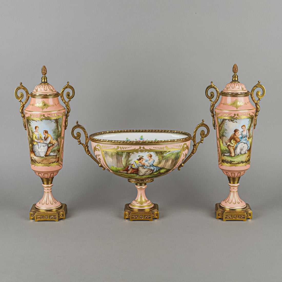 BIRKS Hand Painted Sevres Style Porcelain With Brass Mounts - 3 Pieces