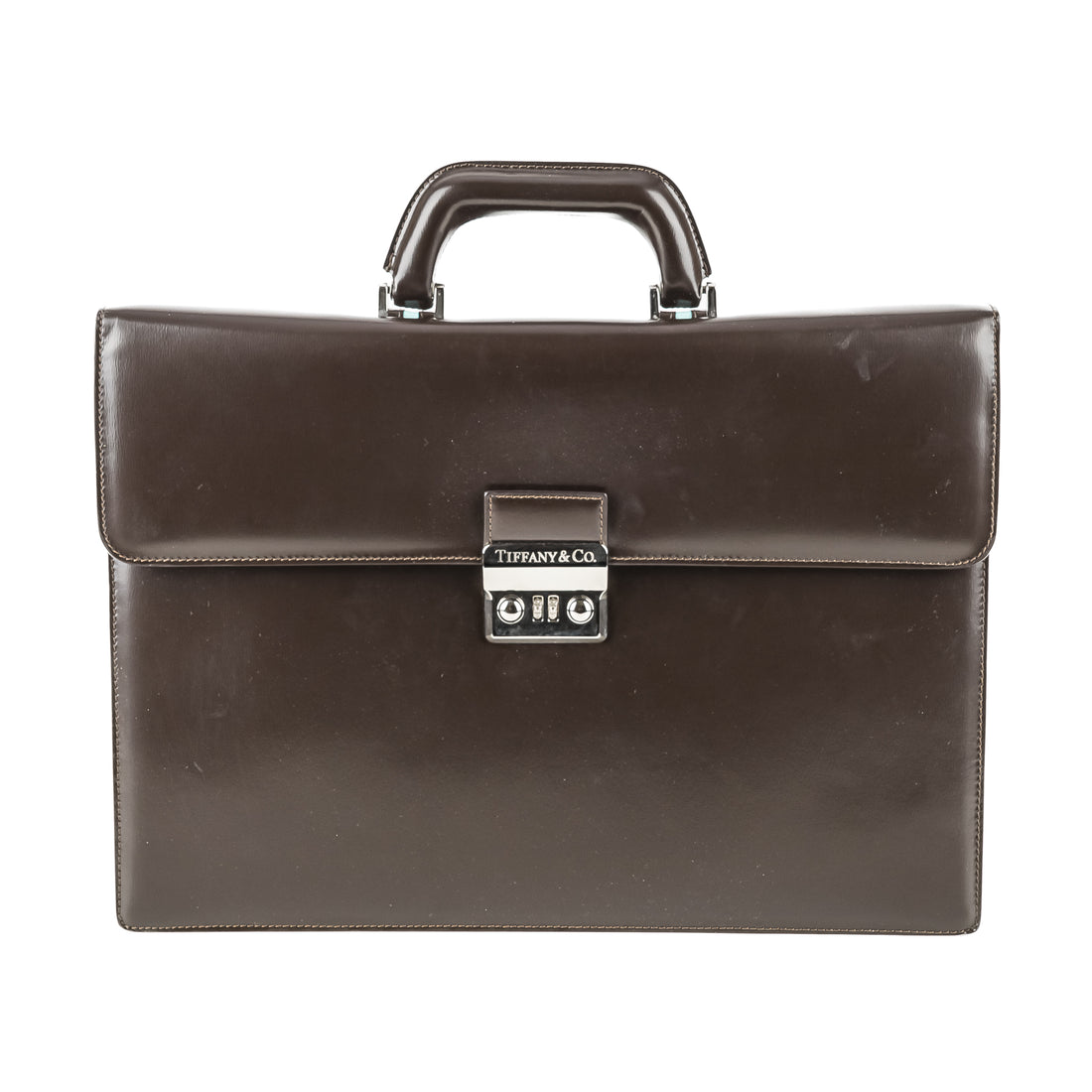 TIFFANY & CO Silver-Tone Hardware Leather Brown Briefcase