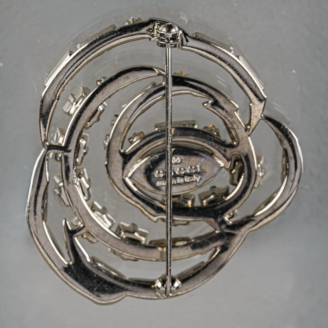 GUCCI Silver Tone Clear Crystal Brooch
