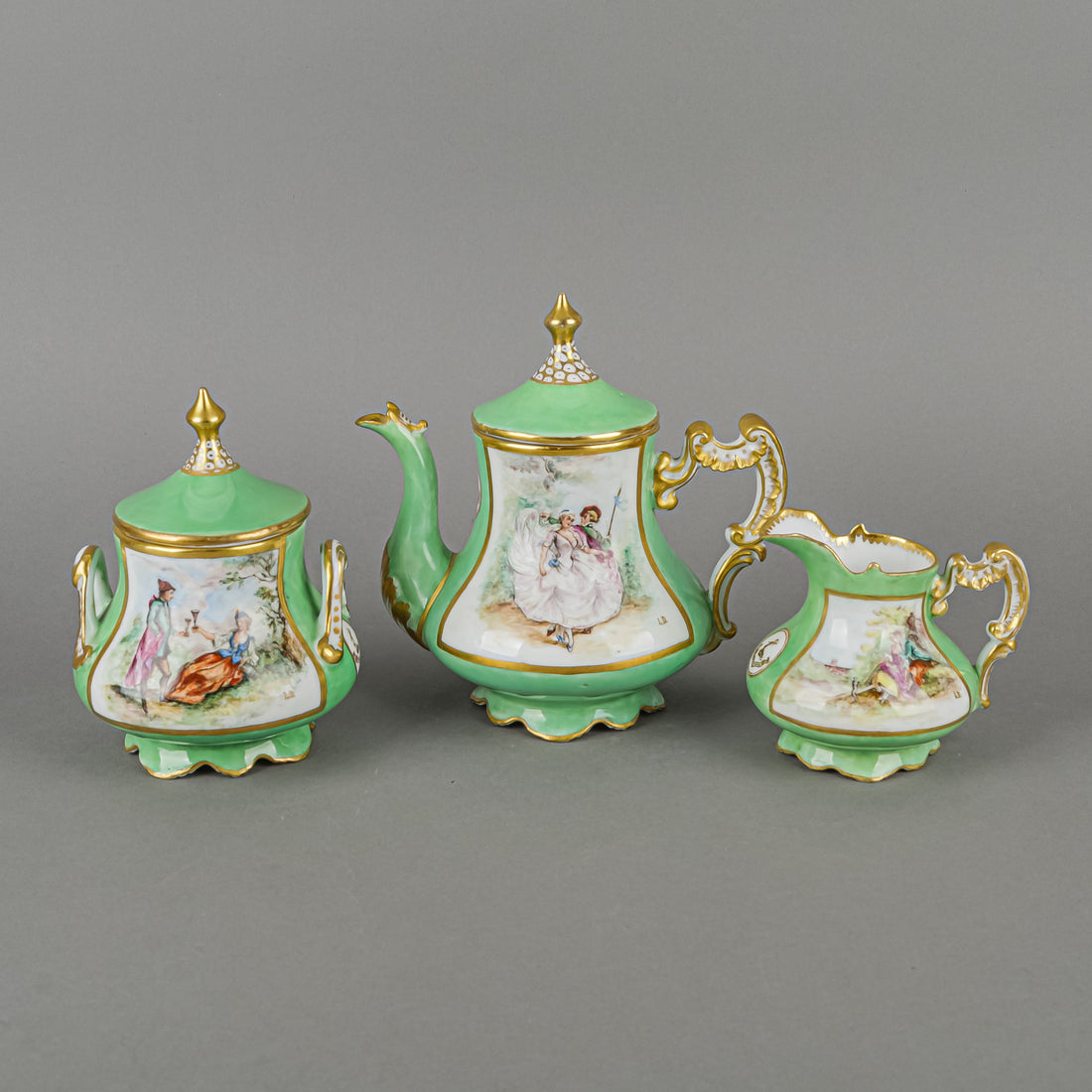 LEONARD Hand Painted Panel Green Tea Service 5 Pieces