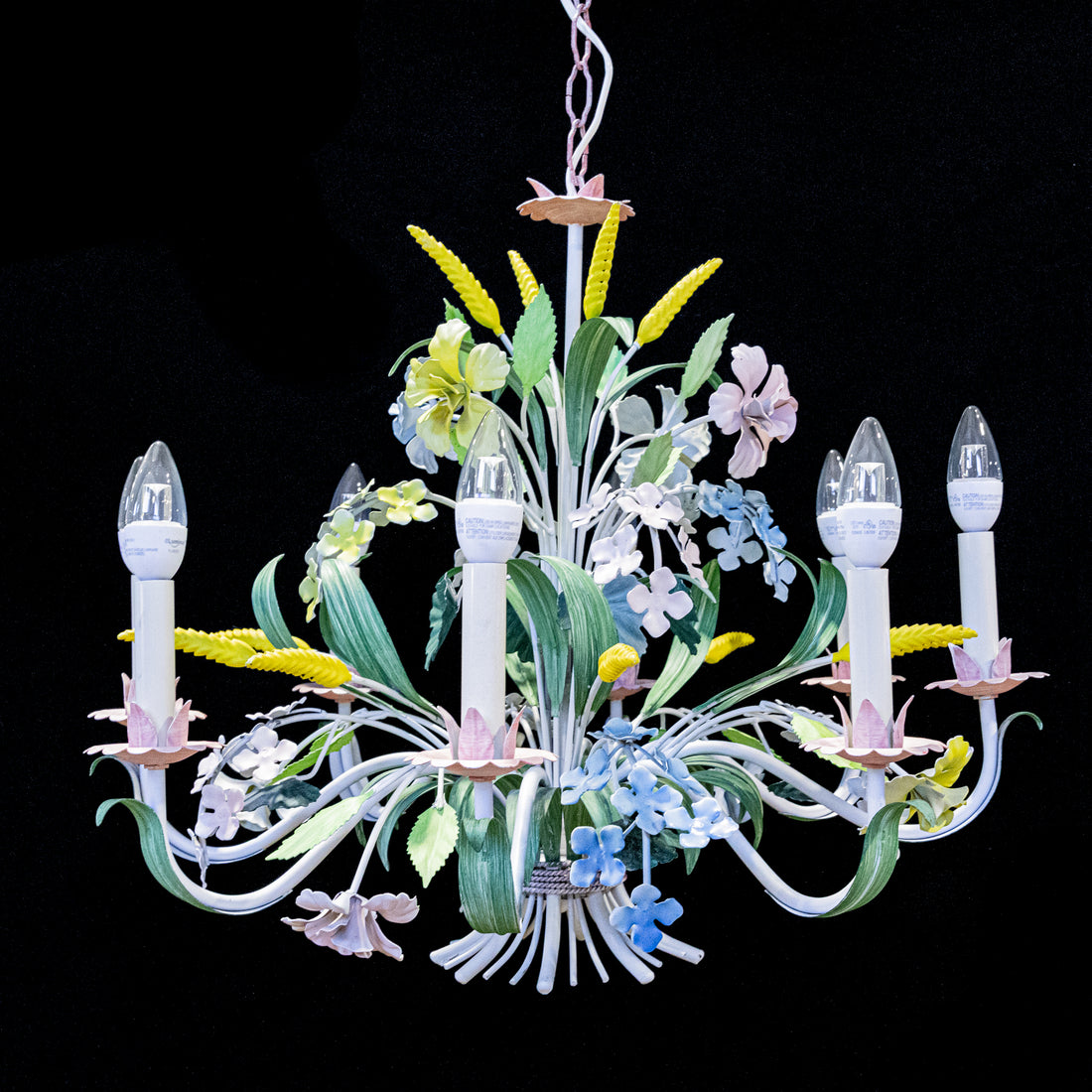 Painted Floral Metalwork Eight-Light Fixture