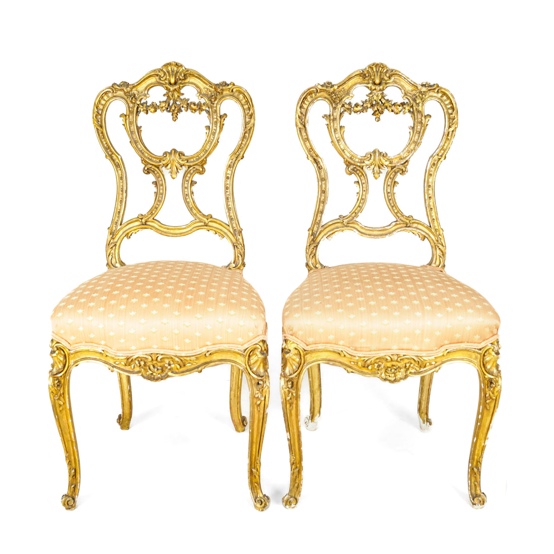 Vintage Rococo Style Gilt Wood Chairs With Salmon Upholstery - Set of 2