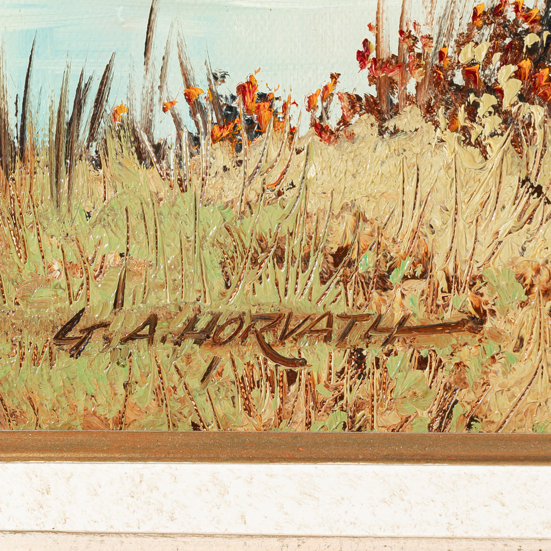 George A. Horvath (Canadian 1933) Riverside Landscape With Birches, Boat, And Buildings