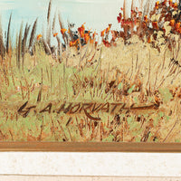 George A. Horvath (Canadian 1933) Riverside Landscape With Birches, Boat, And Buildings