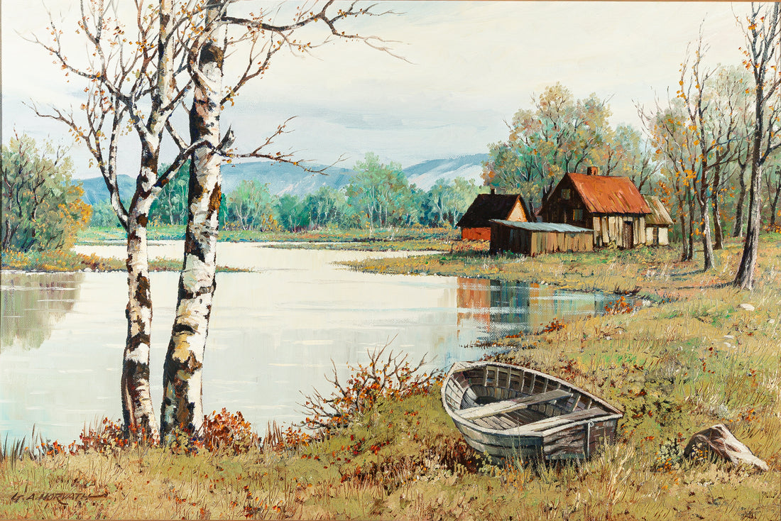 George A. Horvath (Canadian 1933) Riverside Landscape With Birches, Boat, And Buildings