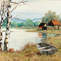 George A. Horvath (Canadian 1933) Riverside Landscape With Birches, Boat, And Buildings